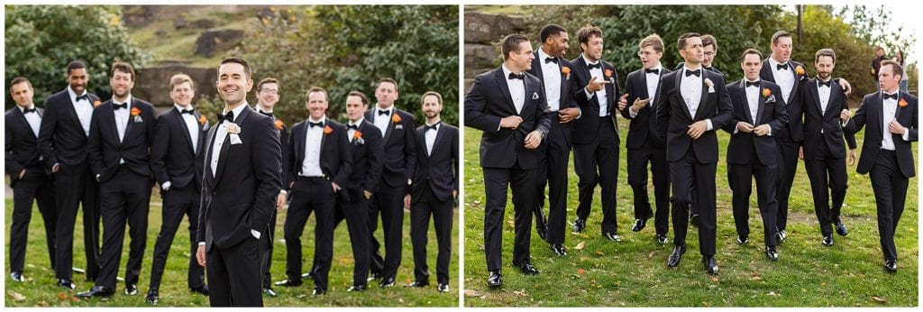 Black tux and orange boutonnieres for fall wedding 