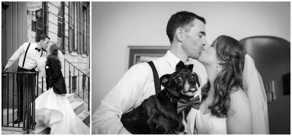 Bride and groom went back to hotel to get a photo with their dog 