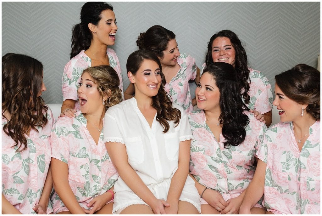 love these matching pajamas for bridesmaids on wedding day getting ready photos, how pretty is this pink pattern 
