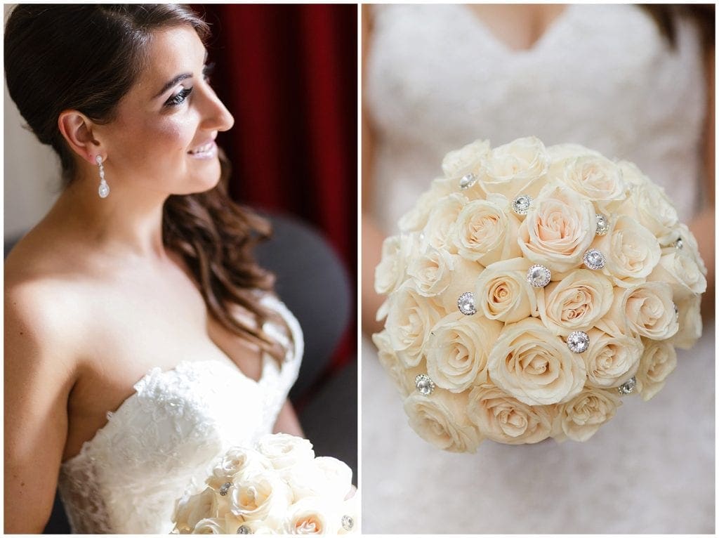 elegant off white wedding bouquet and pretty bride near window at Le Méridien in Philly 