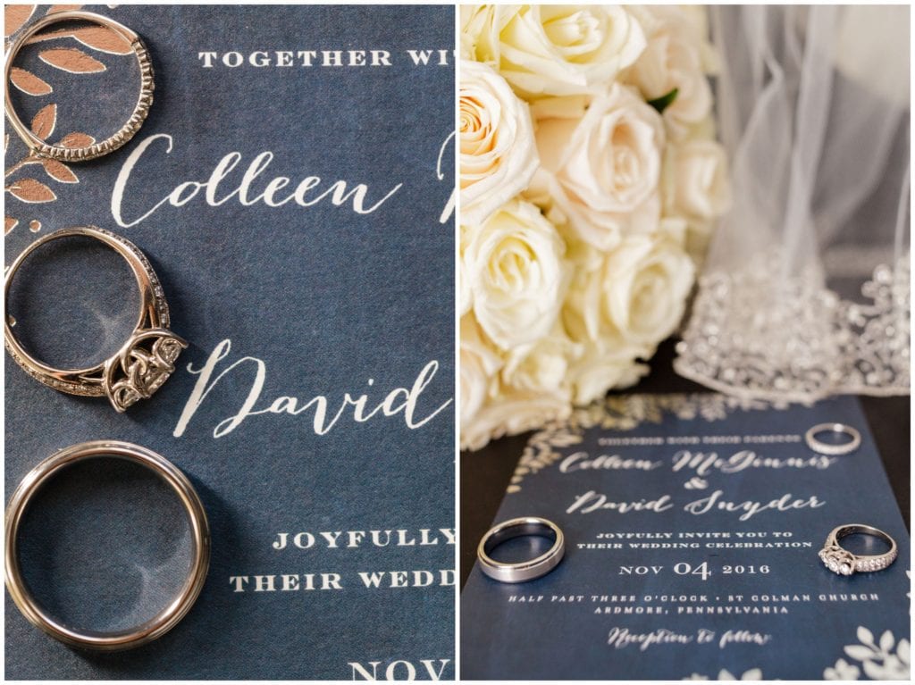 Close up details of Navy blue and silver invitation suite and silver wedding rings