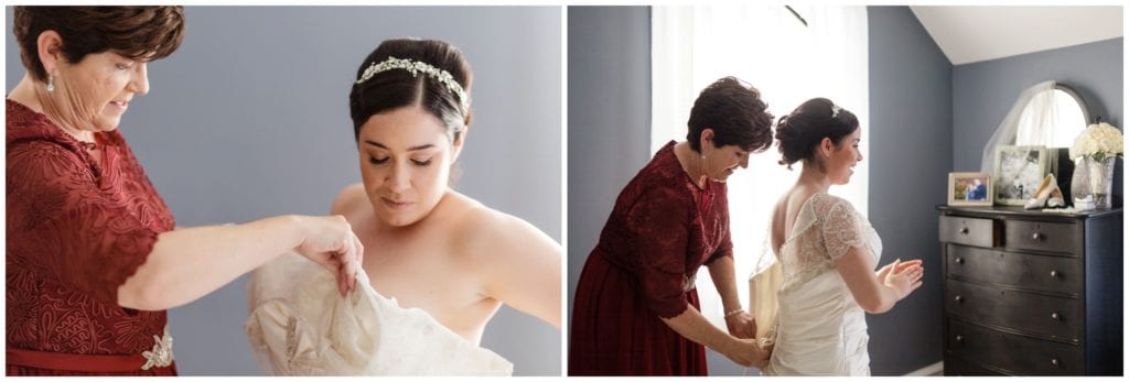 bride gets buttoned into her dress, love these mother daughter moments