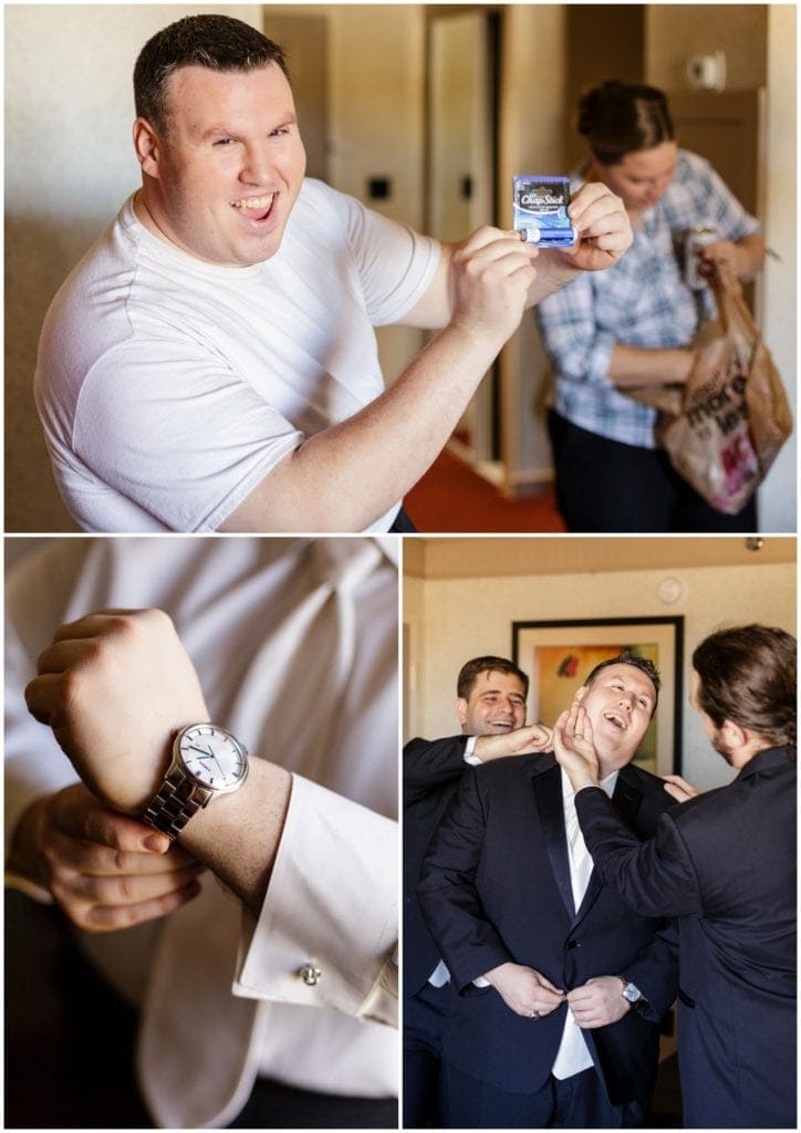 Groom getting read, funny groom prep photos at Concordville Inn 