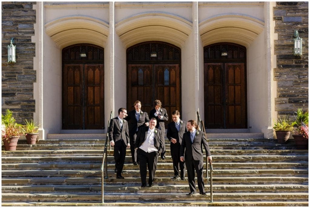 Groomsmen portrait on the steps of St Coleman's Church in Ardmore