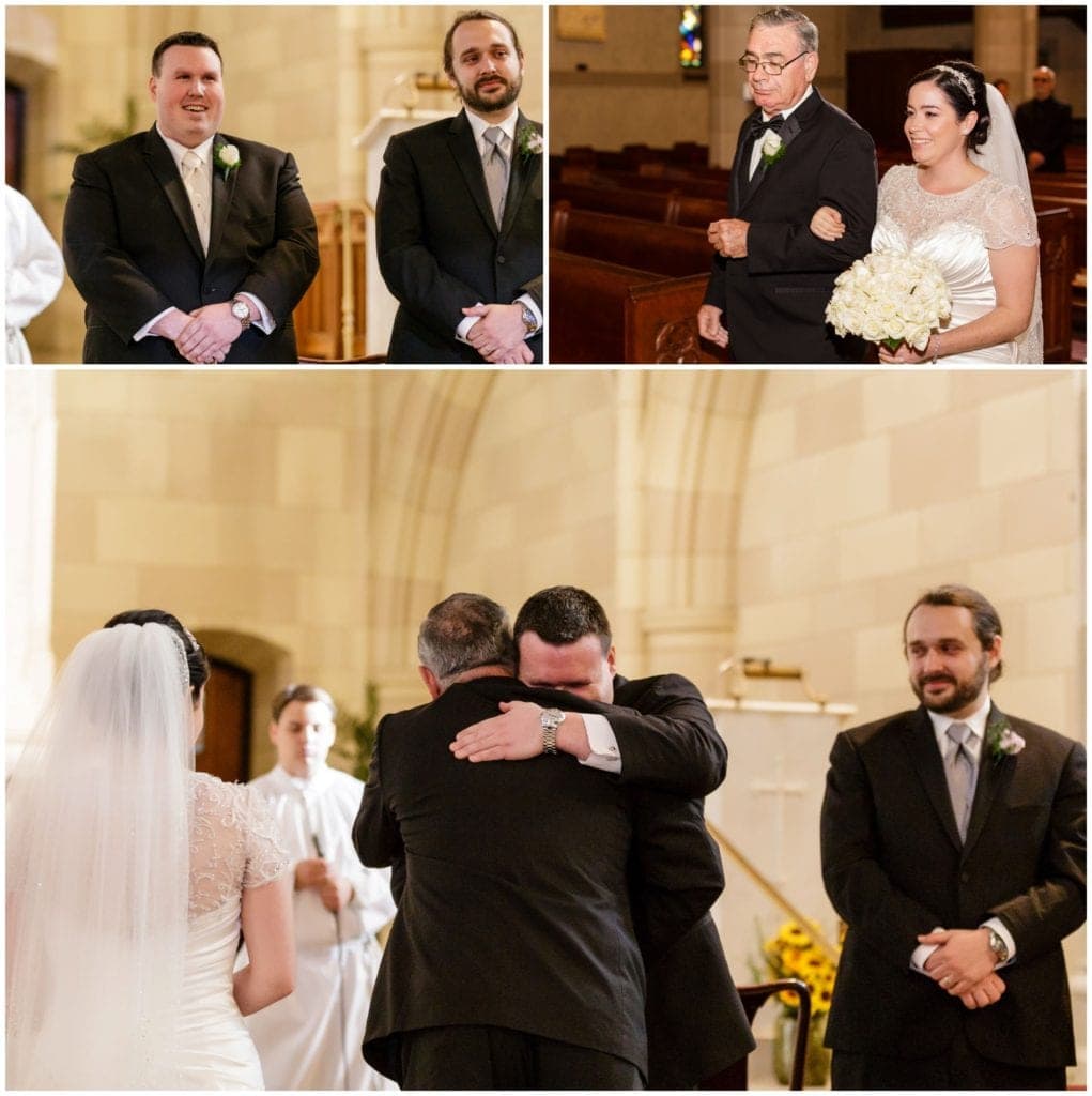 emotional groom sees bride for the first time walking down isle at St Coleman's Church 