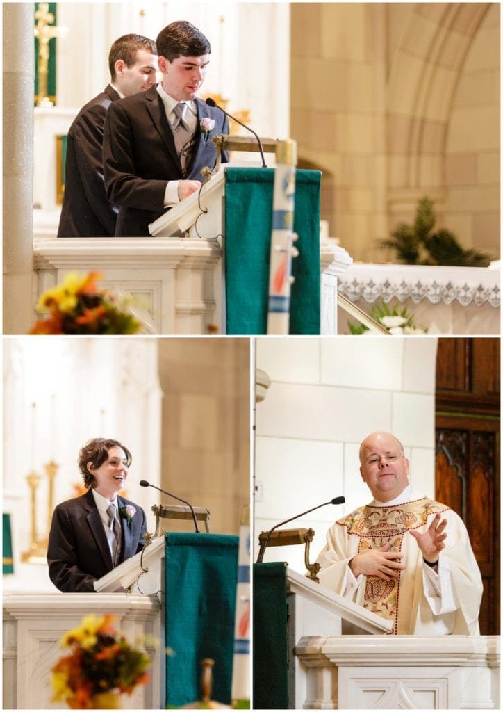 Speakers during catholic wedding mass at St Coleman's Church in Ardmore, PA