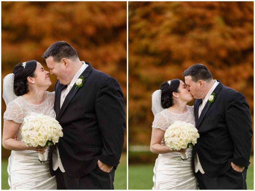 Fall photos for this happy bride and groom on wedding day 