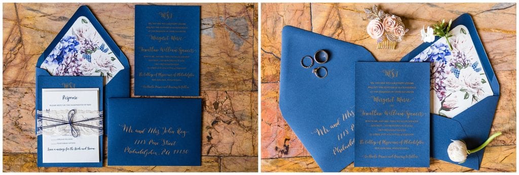 April Lynne Designs - modern dark blue wedding invitations with floral lining. Philly wedding 