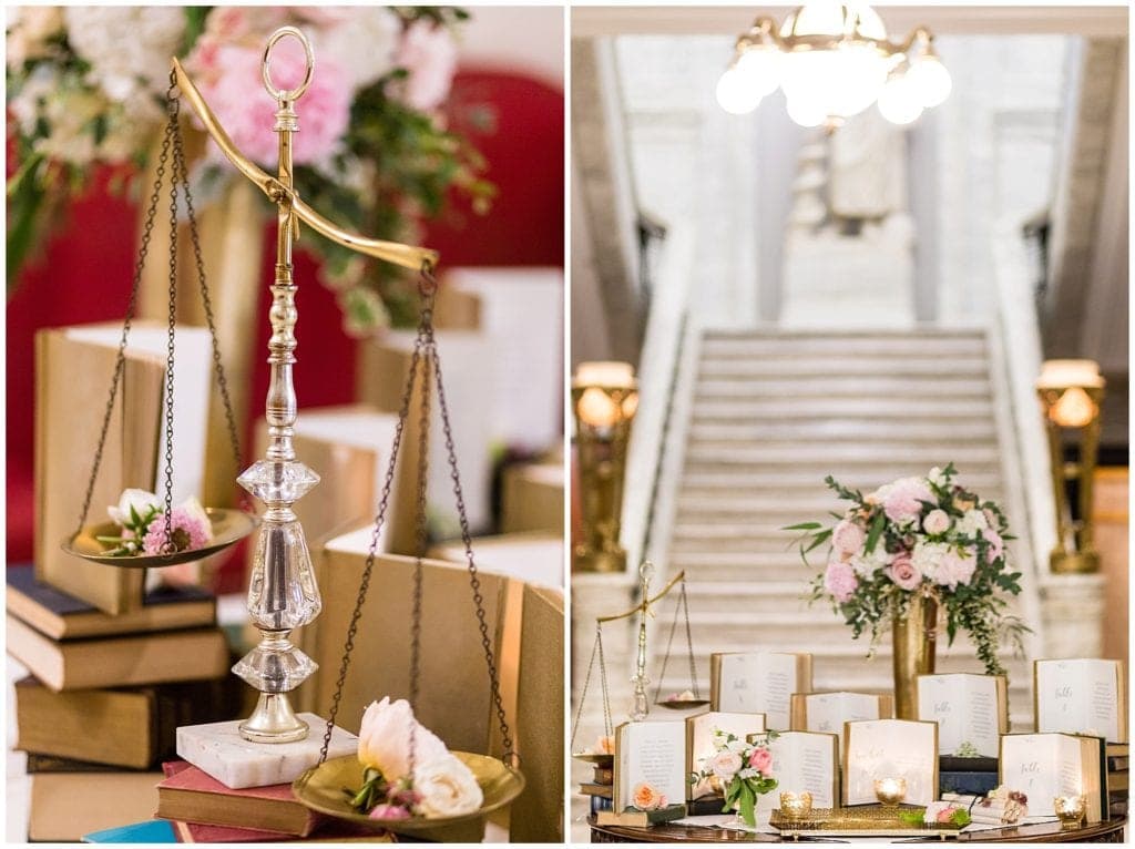 gorgeous elegant vintage inspired wedding details like old books, pink flowers and candles. I love the College of Physicians wedding venue 