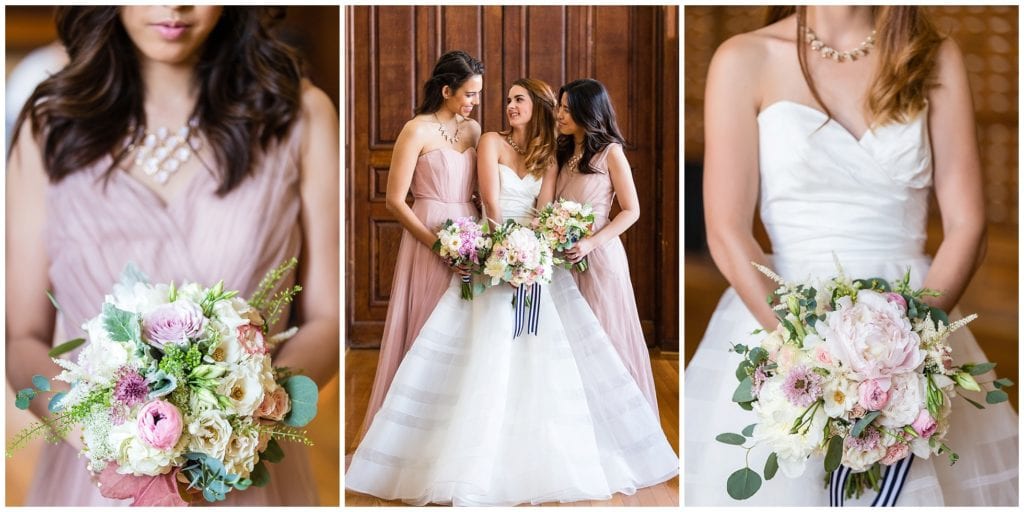 love this pale pink mauve bridesmaid dress and pink white florals with blue 