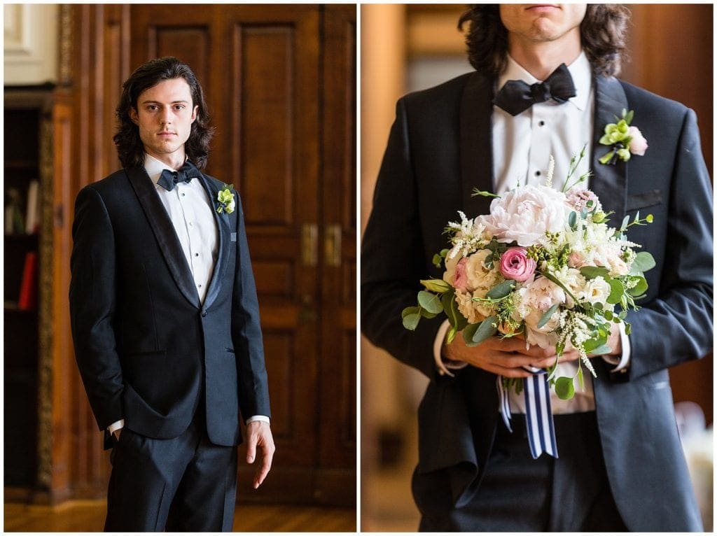 Handsome groom attire, black tuxedo, holding pretty floral bouquet at College of Physicians