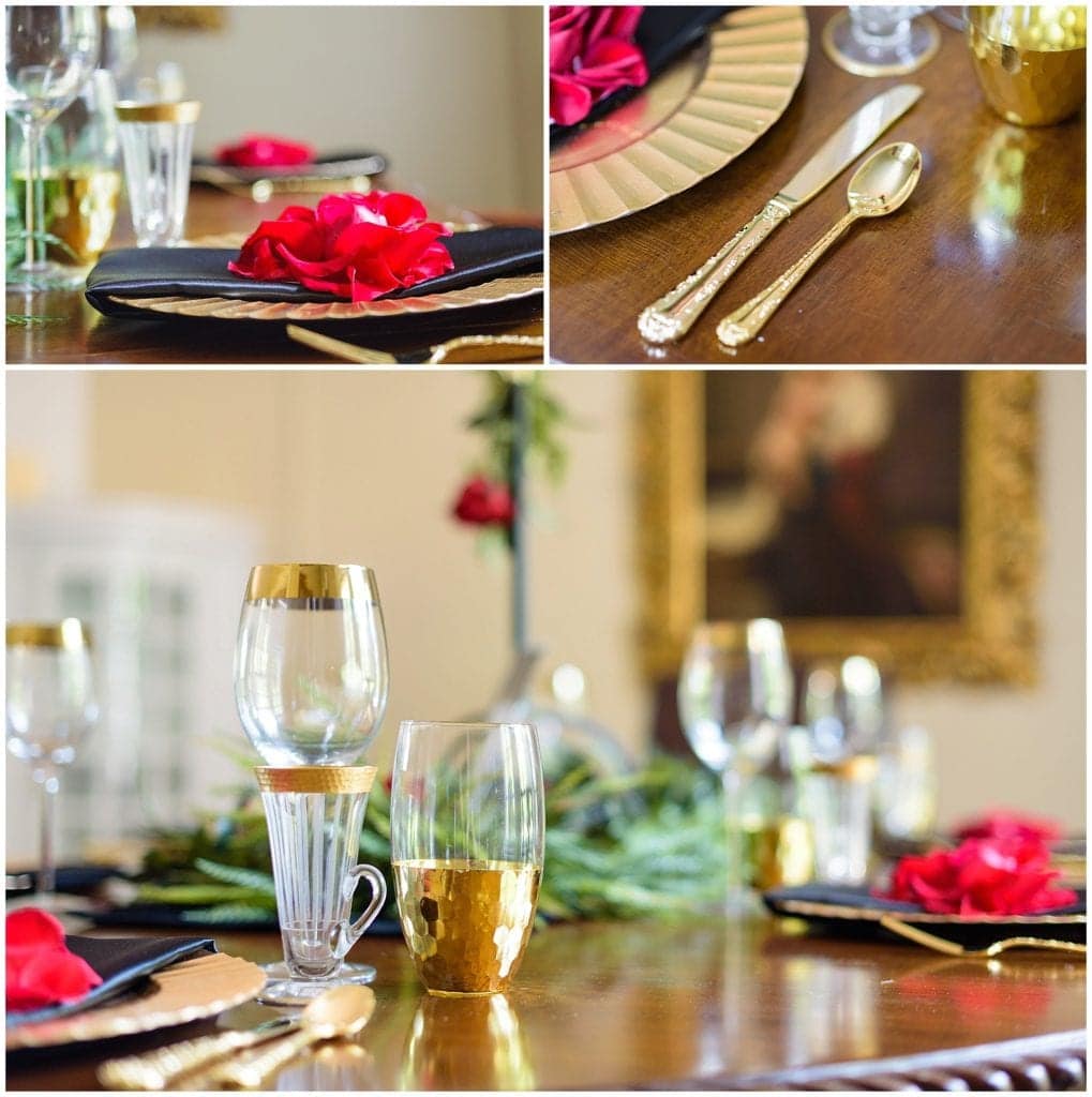 I love gold for plates and glasses for wedding decor 