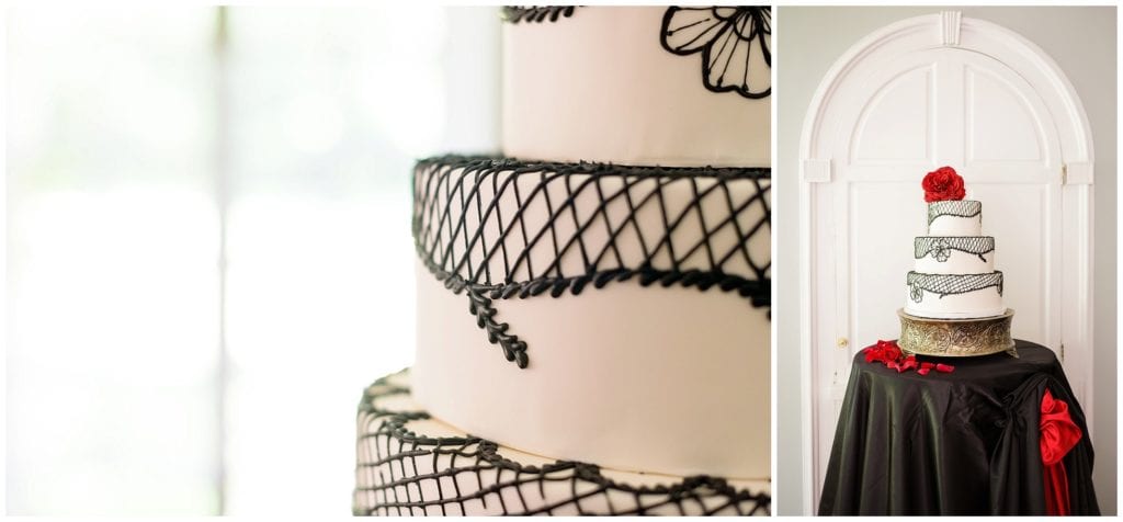 black and whit wedding cake with big red flower, red black wedding ideas 