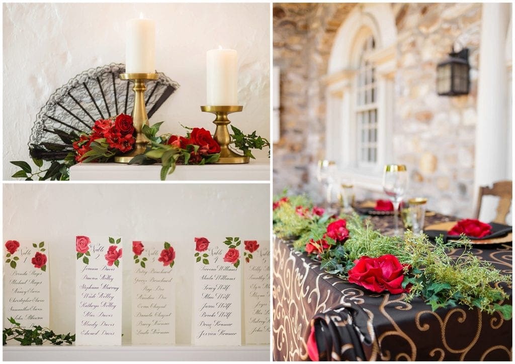 red and black color for wedding decor, outdoor wedding reception in PA