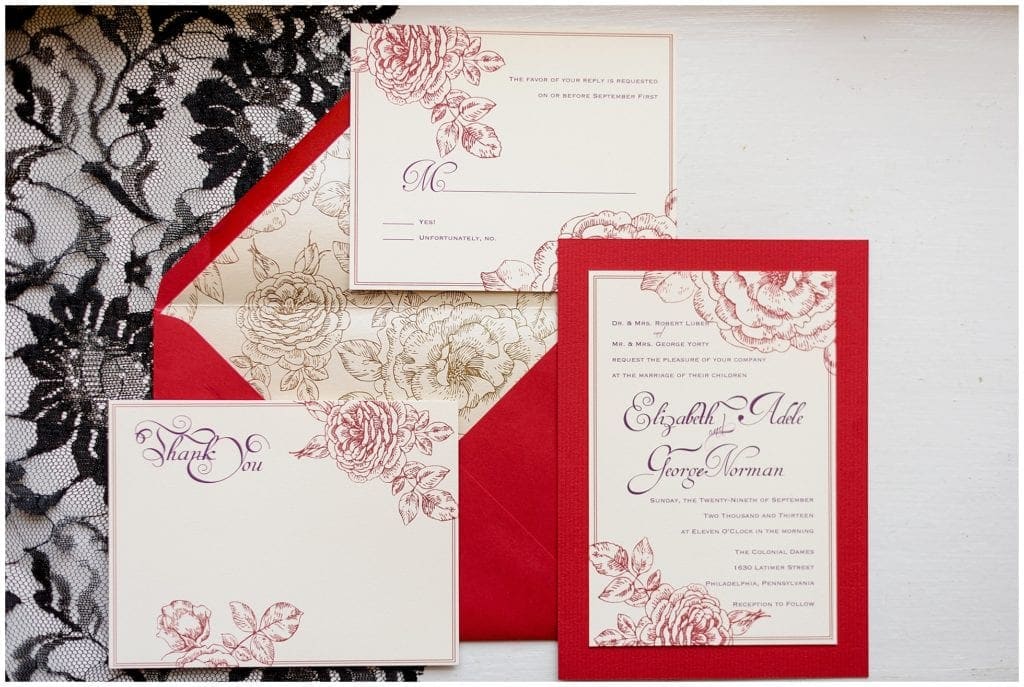 red floral wedding invitations and stationary 