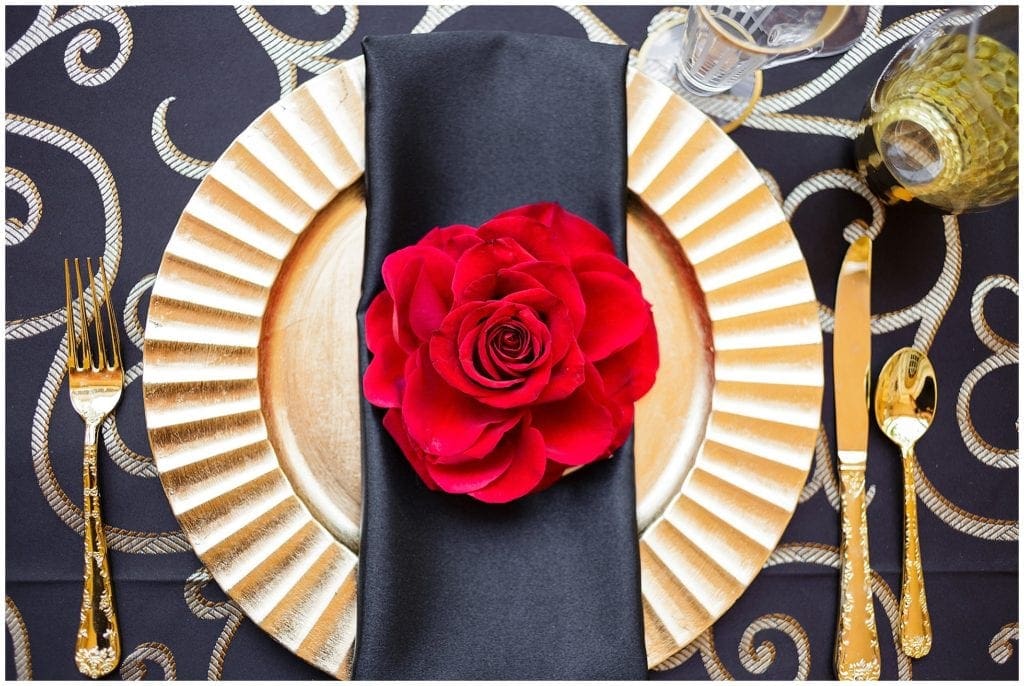 red black and gold wedding color inspiration, plates 