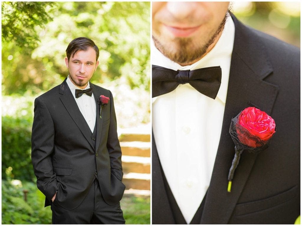 black tuxedo with red flower for groom 