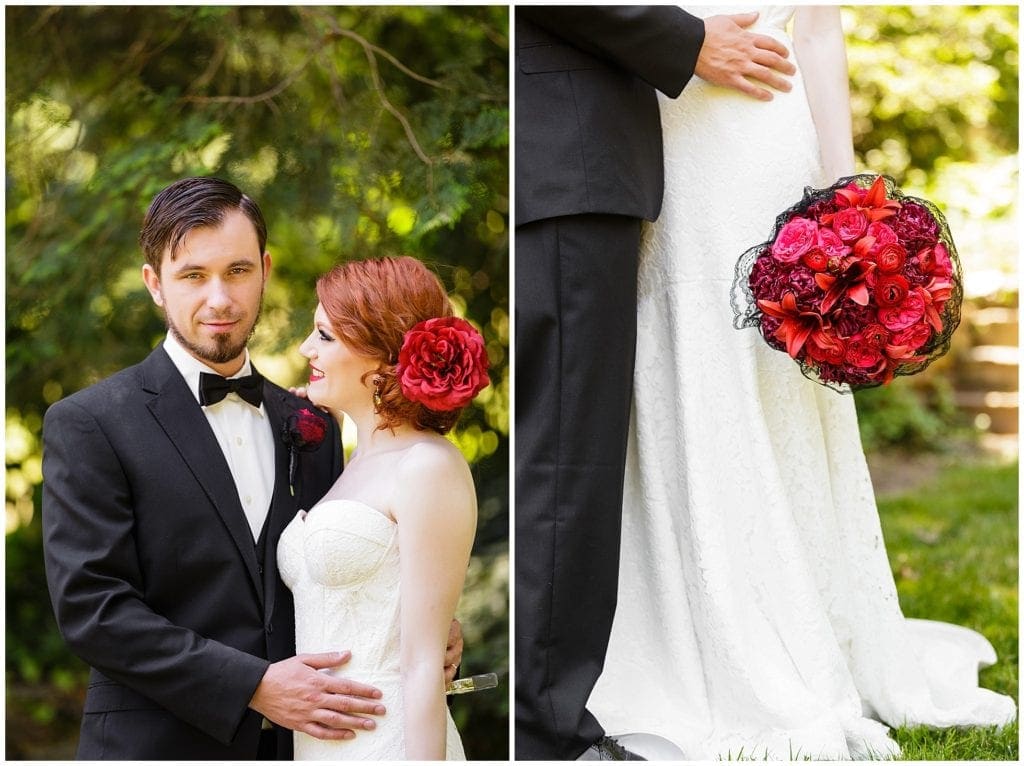 red bouquet with black lace for modern bride Spanish flair 