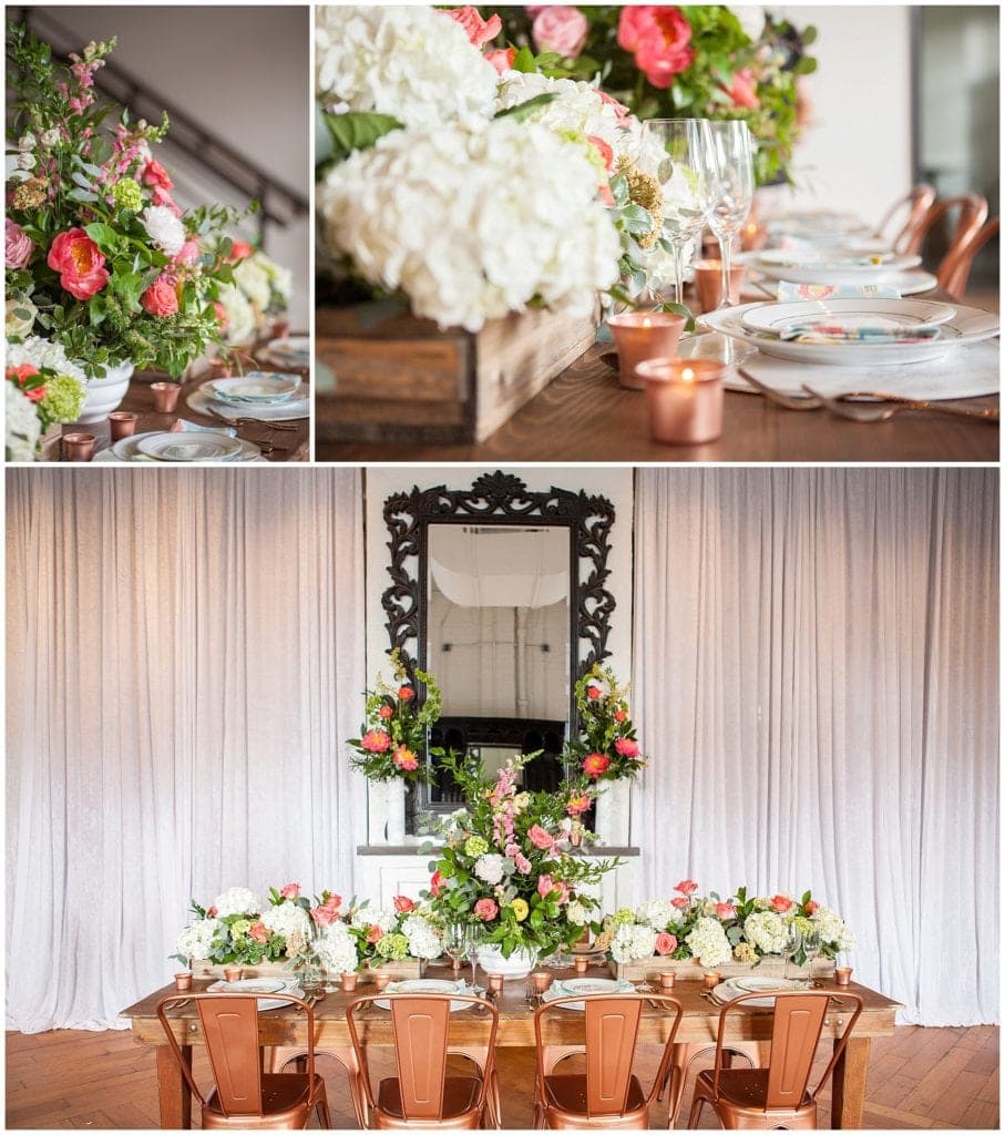 Peach and Pink wedding colors with fabulous copper chairs and candles, unique rustic table decor 