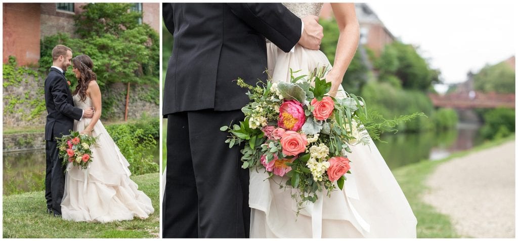 romantic and vintage modern wedding ideas, how cool is this wedding dress, love the lush floral pink and peach bouquet. Photos by Ashley Gerrity Photography