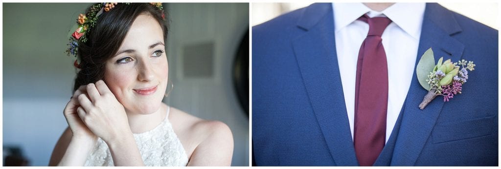 BHLDN dress and navy blue tuxe for wedding day. Love the succulent boutonnière. 