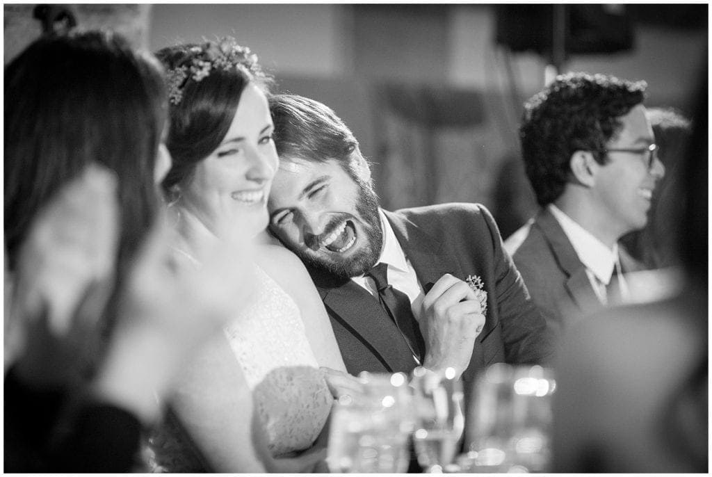 Fun groom reaction to toasts at Chauncey Center wedding