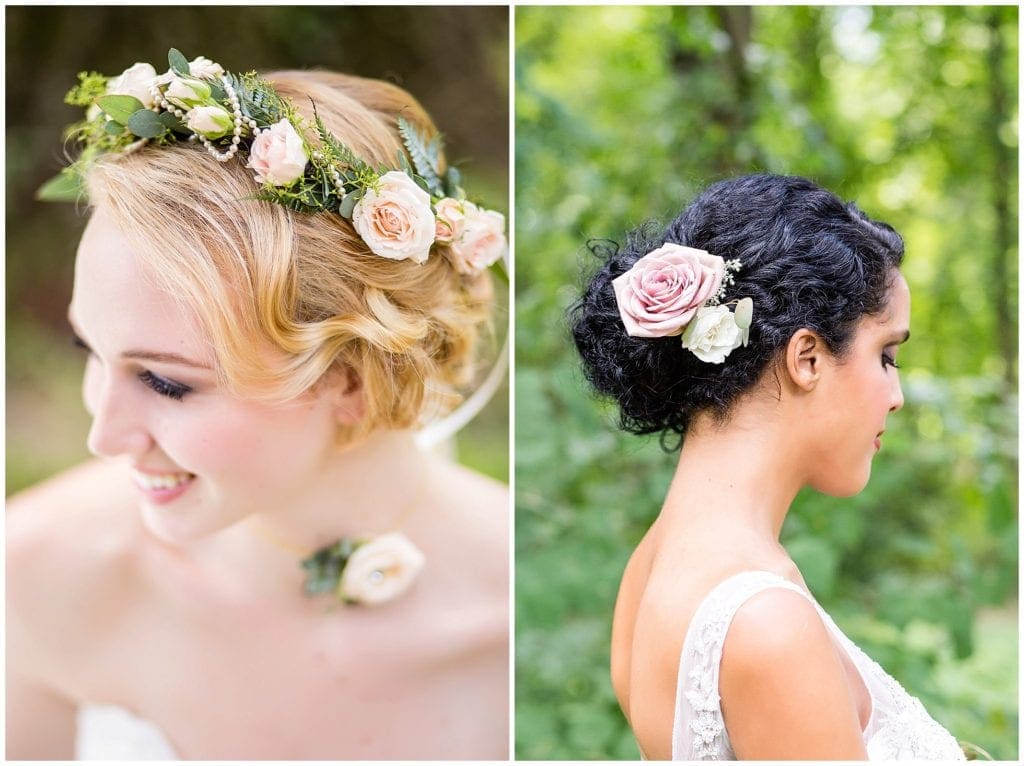 Photos of unique bridal hair accessories with fresh flowers. Leigh Florist 