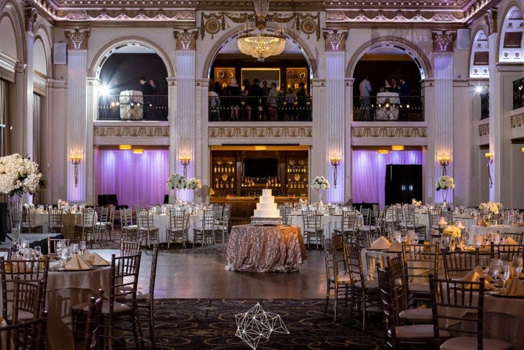 Cake table in the middle of the dance floor at the Ballroom at the Ben - Best Philadelphia Wedding Venues