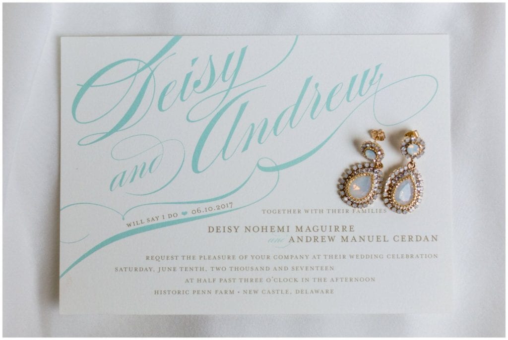 Pearlescent Drop Earrings on a Turquoise & White Wedding Invitation for a Historic Penn Farm wedding