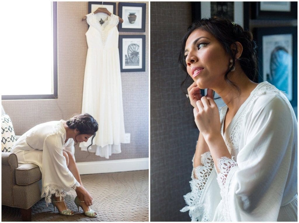 Deisy wore turquoise earrings and shoes from BHLDN along with her wedding gown for her Historic Penn Farm wedding.