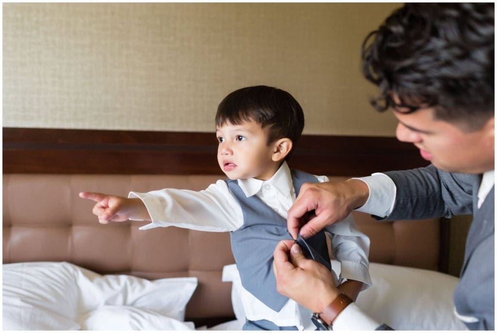 As part of his preparations, the groom also dressed his son for their Historic Penn Farm wedding.