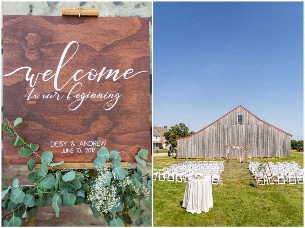 Hand-lettered signage and eucalyptus greens decorated the wedding ceremony entrance at this Historic Penn Farm wedding.