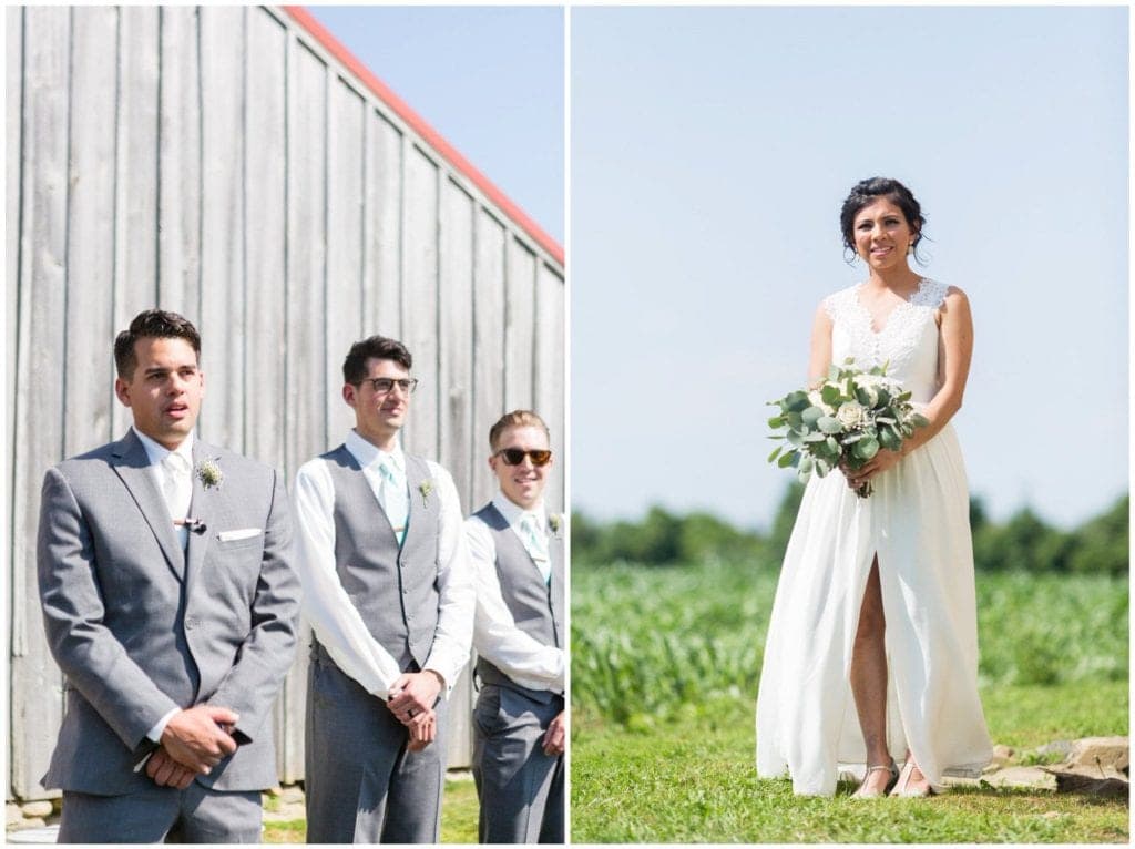 A teary-eyed groom as his bride approaches during their wedding ceremony at Historic Penn Farm.