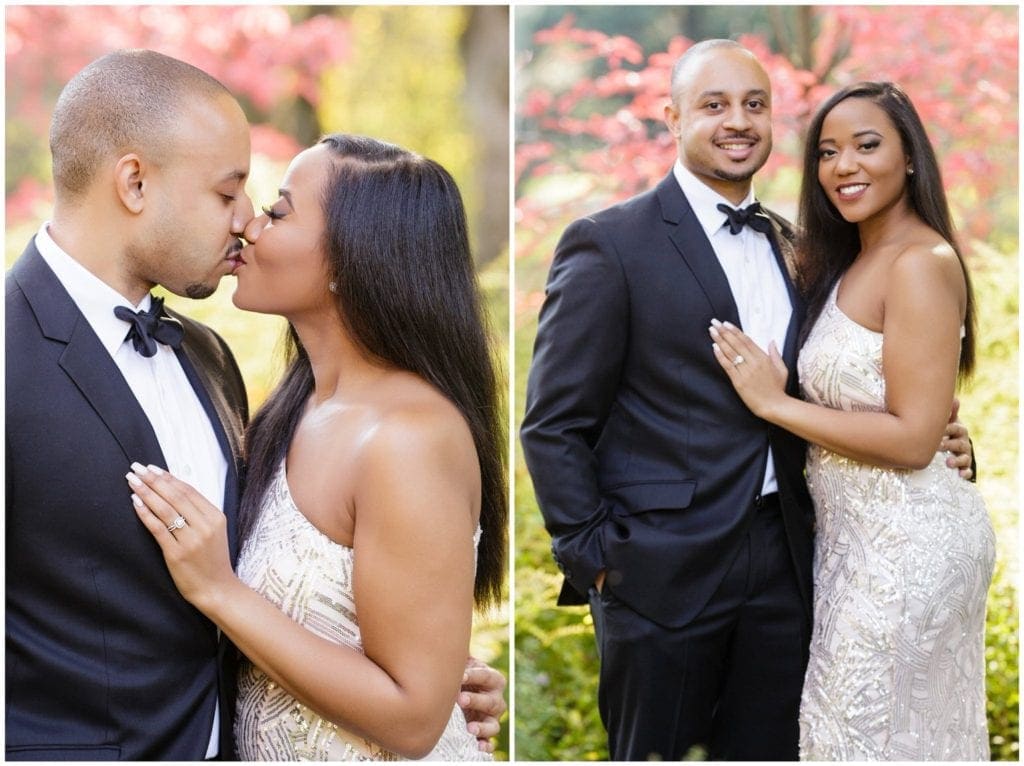 For their Longwood Gardens engagement session, Alexandra & Joey selected formal attire, including a blush full-length evening gown and black-tie tuxedo.