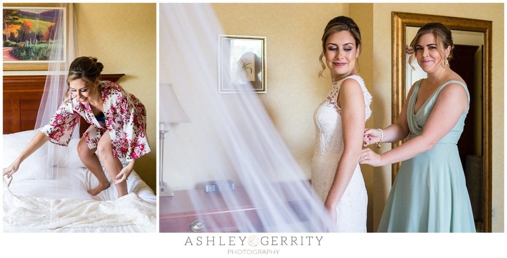 Bride Getting Dressed in her wedding gown at Radnor Hotel in Wayne, PA