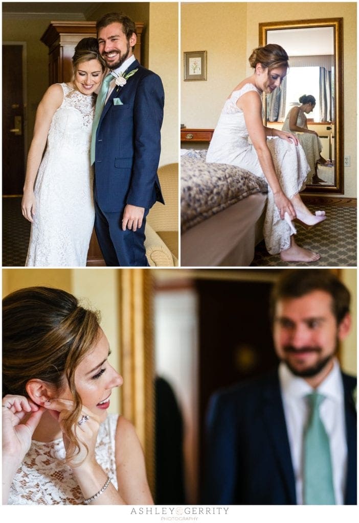 bride putting on final wedding details with man of honor's help at Radnor Hotel in Wayne, PA