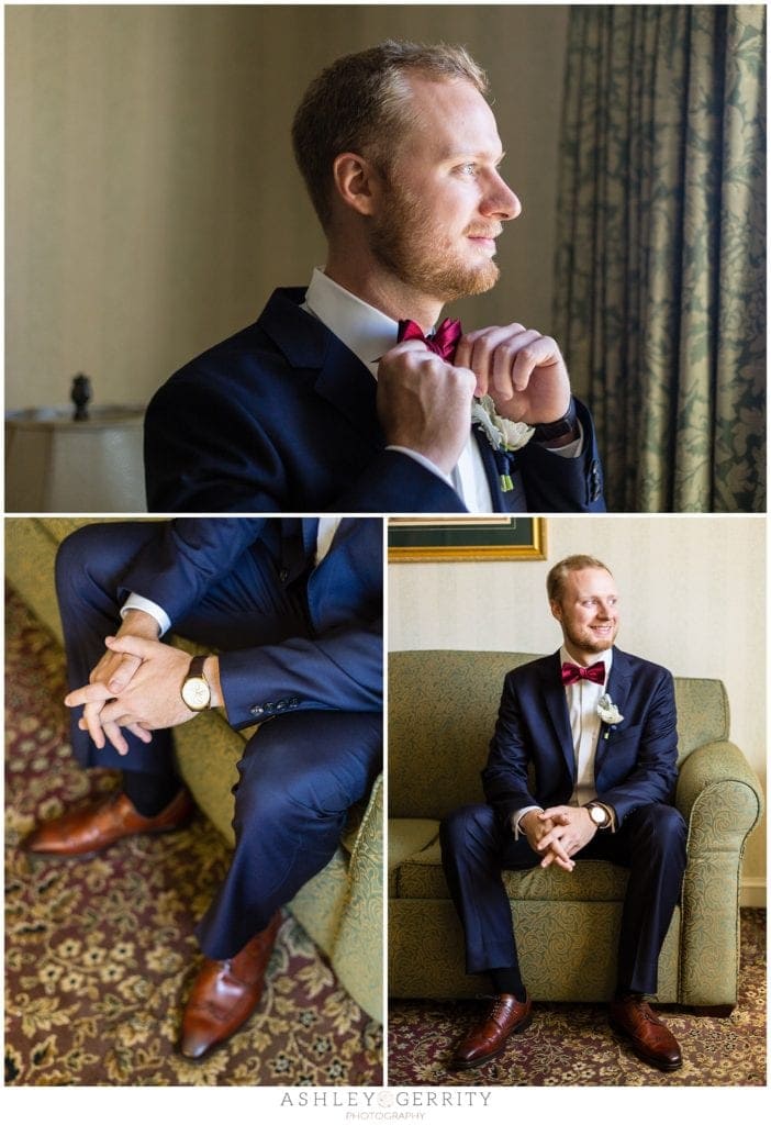 Groom Straitening Bowtie. Classic, natural light groom portraits at Radnor Hotel in Wayne, PA