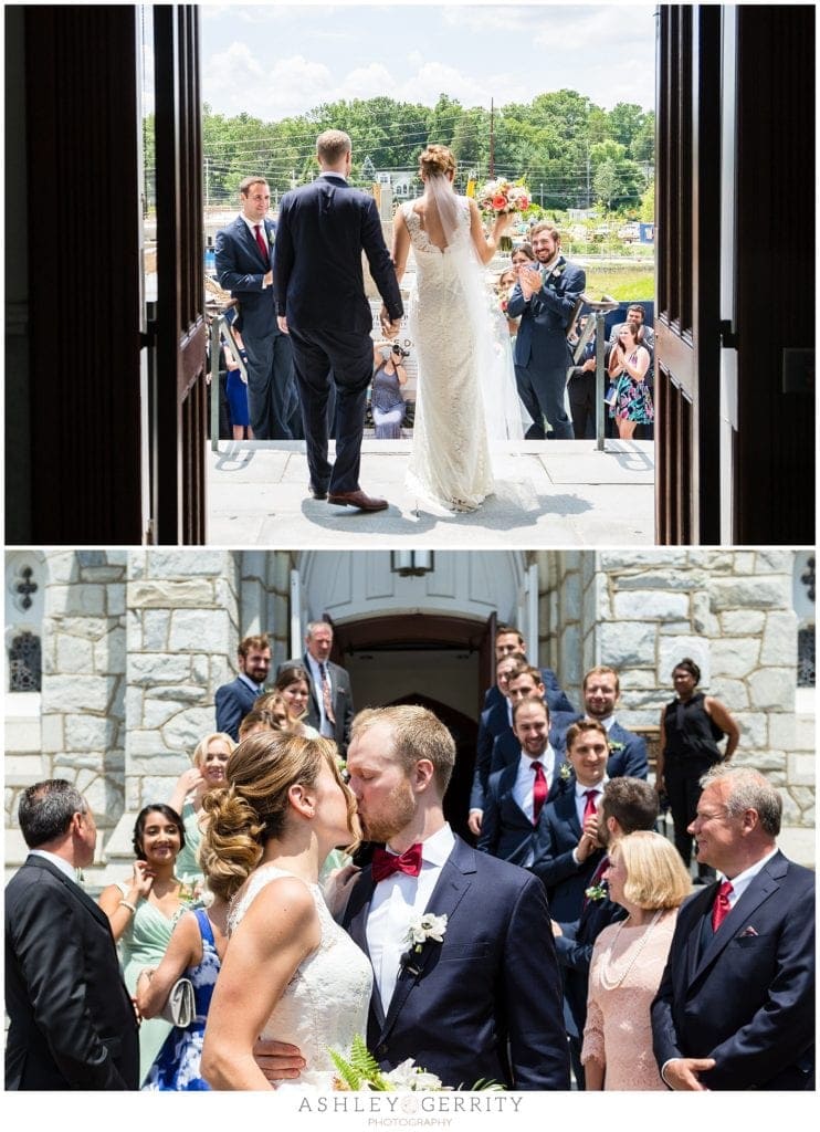 Bride & Groom make a grand exit from their wedding mass at Villanova Chapel