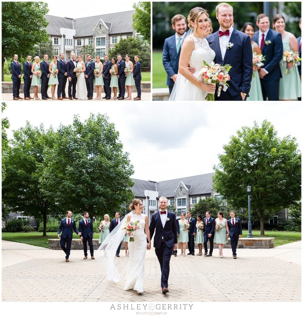 Bride & Groom posing & walking with their wedding party in the quad at Villanova University.