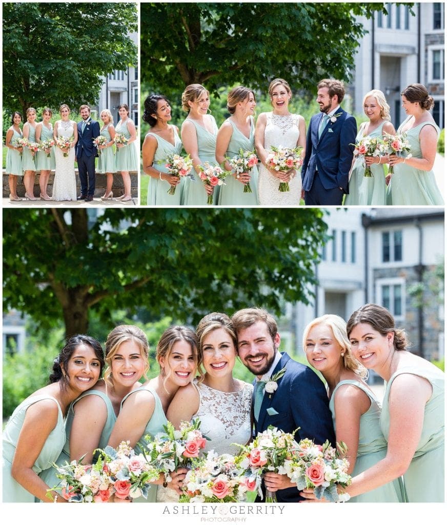 Bride with her man of honor and bridesmaids on the quad at Villanova University