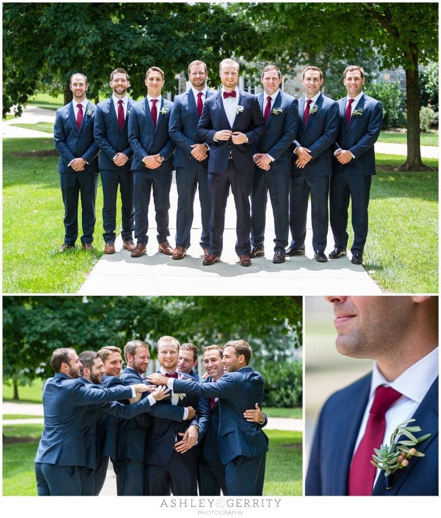Groom and groomsmen posing for wedding party portraits at Villanova University