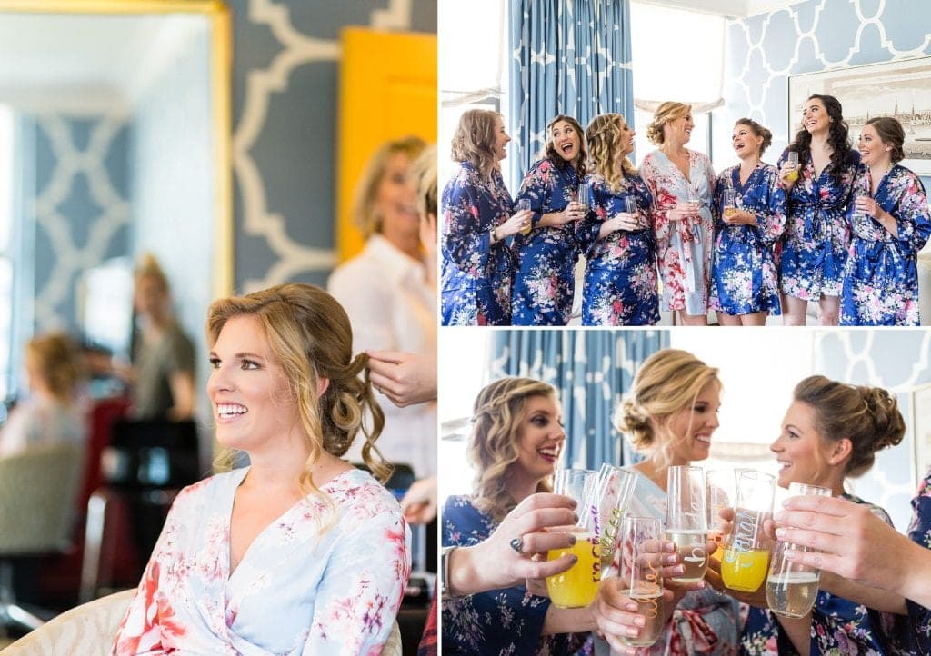 Bridesmaids in Floral robes, Personalized champagne flutes