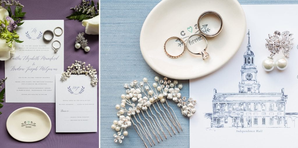 Elegant historic Philadelphia-inspired Invitation Suite with wedding jewelry