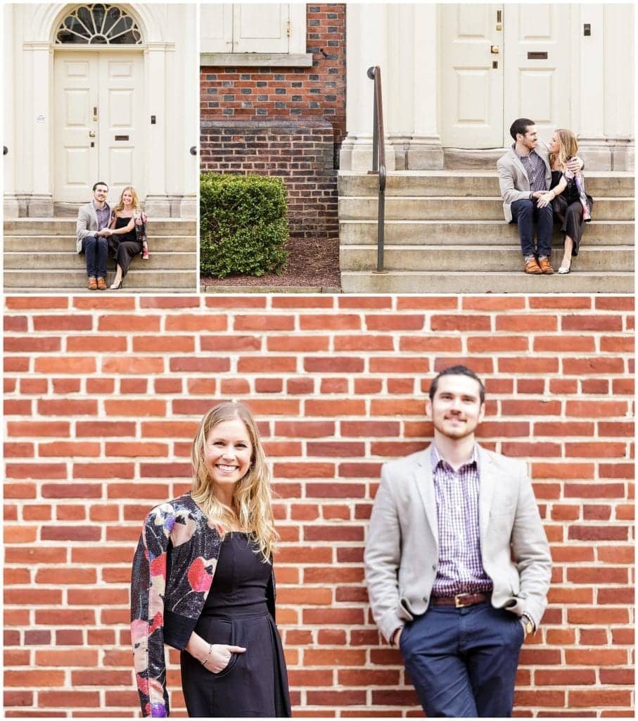Bride and groom to be pose in Olde City Philadelphia during their engagement session