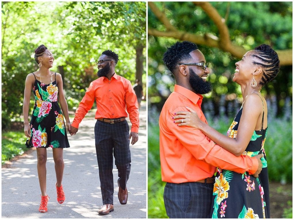 colorful engagement session, orange engagement session, fiances walking