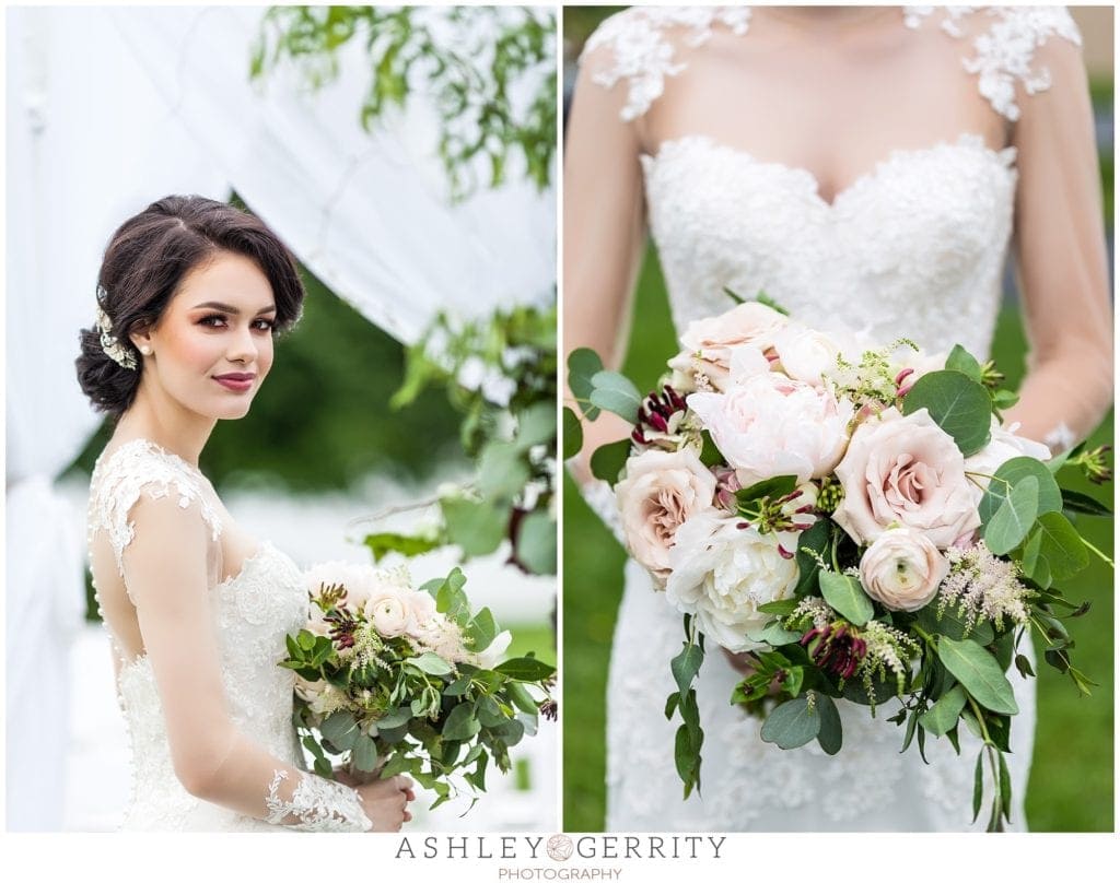 Lace, Illusion wedding dress with lush wedding bouquet by Tulips and Twine