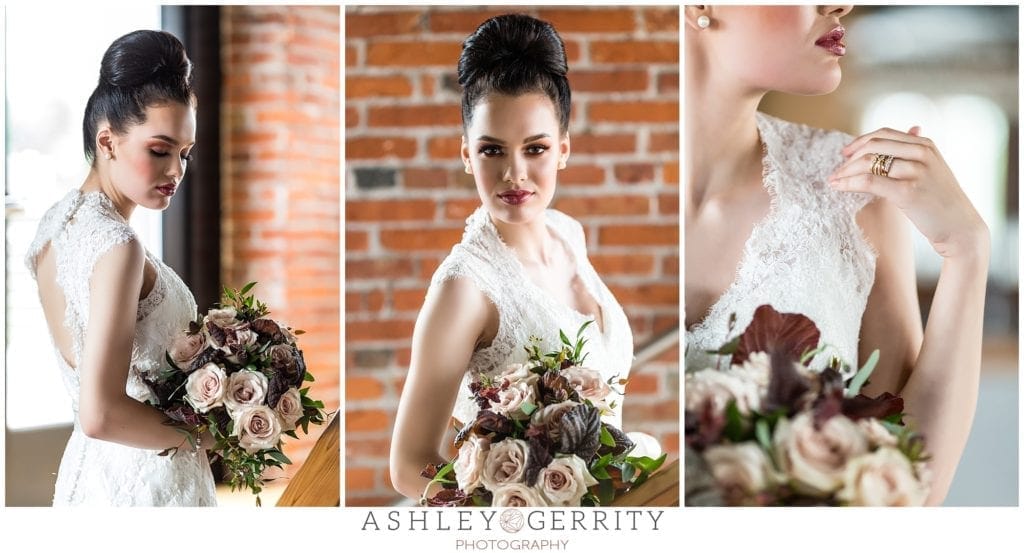 Bridal fashion & bouquet inspiration by Tiffany's Bridal Boutique and Tulips and Twine at John Wright Restaurant. 