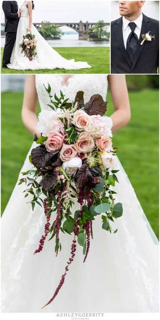 Cascading Burgundy, ballet slipper, and greenerywedding bouquet inspiration by Tulips and Twine.