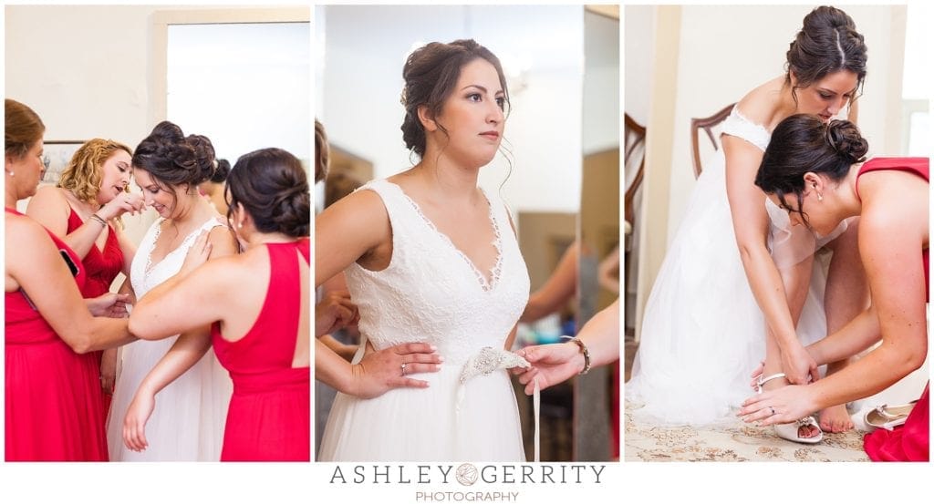 bridal prep, bridesmaids, getting ready, red dresses