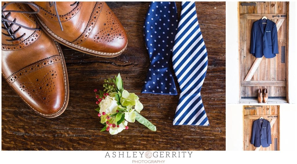 groom, groom details, bowtie, polka dots, stripes, navy blue, brown shoes, boutonniere